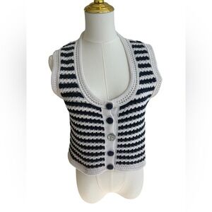 Zara White and Navy Striped Knit Button Top SZ S